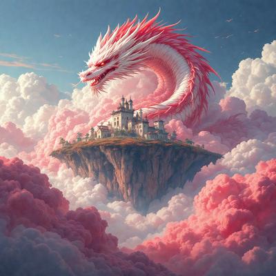 Primary subject: A dragon with a pink body and red and white head, surrounded by clouds.

Setting/background: The dragon is in the sky, with a castle in the background.

Visual style: The image is a digital art or illustration.

Colors and mood: The dominant colors are pink and white, with a slightly menacing mood due to the dragon's presence.